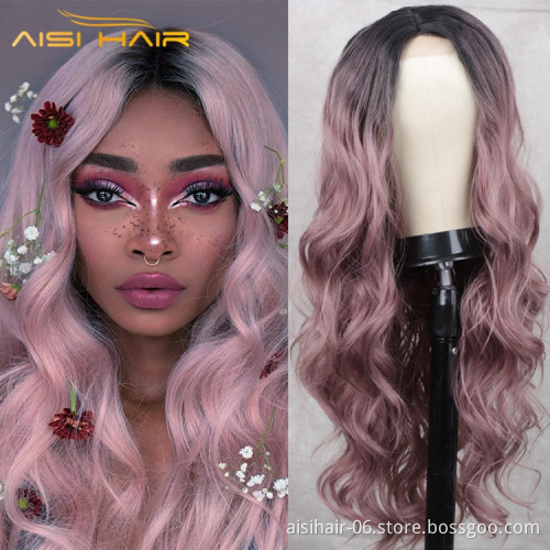 Aisi Hair Woman Wholesale Cheapest Fiber Synthetic Long Body Hair Ombre Light Purple Synthetic Wavy Lace Front Wig